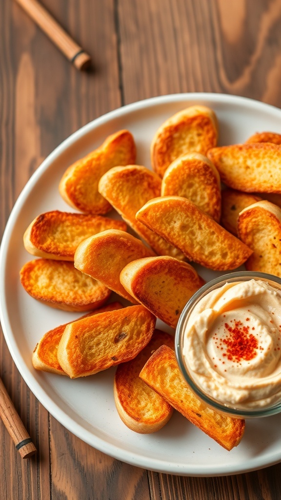 Crispy Toast Points Recipe Crispy toast points served with hummus on a rustic wooden table.